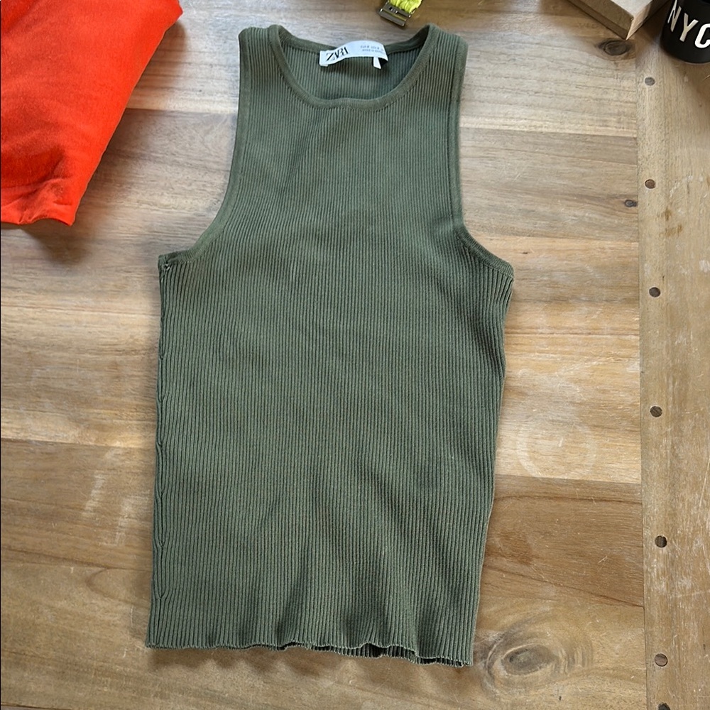 Zara Khaki Green Sleeveless Ribbed Top